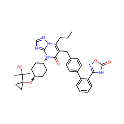 CCCc1c(Cc2ccc(-c3ccccc3-c3noc(=O)[nH]3)cc2)c(=O)n([C@H]2CC[C@H](OC3(C(C)(C)O)CC3)CC2)c2ncnn12 ZINC000261098311