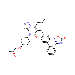 CCCc1c(Cc2ccc(-c3ccccc3-c3noc(=O)[nH]3)cc2)c(=O)n([C@H]2CC[C@H](OCC(C)=O)CC2)c2ccnn12 ZINC000261137262