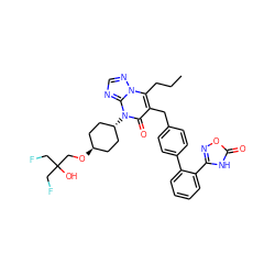 CCCc1c(Cc2ccc(-c3ccccc3-c3noc(=O)[nH]3)cc2)c(=O)n([C@H]2CC[C@H](OCC(O)(CF)CF)CC2)c2ncnn12 ZINC000261092450