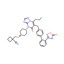 CCCc1c(Cc2ccc(-c3ccccc3-c3noc(=O)[nH]3)cc2)c(=O)n([C@H]2CC[C@H](OCC3(C#N)CCC3)CC2)c2ncnn12 ZINC000261078525