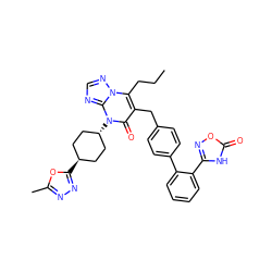 CCCc1c(Cc2ccc(-c3ccccc3-c3noc(=O)[nH]3)cc2)c(=O)n([C@H]2CC[C@H](c3nnc(C)o3)CC2)c2ncnn12 ZINC000261155838