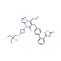 CCCc1c(Cc2ccc(-c3ccccc3-c3noc(=O)[nH]3)cc2)c(=O)n(C2CC(OCC(O)(CC)CC)C2)c2ncnn12 ZINC000115992660