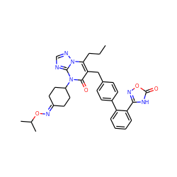 CCCc1c(Cc2ccc(-c3ccccc3-c3noc(=O)[nH]3)cc2)c(=O)n(C2CCC(=NOC(C)C)CC2)c2ncnn12 ZINC000096178292