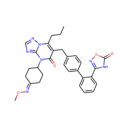 CCCc1c(Cc2ccc(-c3ccccc3-c3noc(=O)[nH]3)cc2)c(=O)n(C2CCC(=NOC)CC2)c2ncnn12 ZINC000096178289