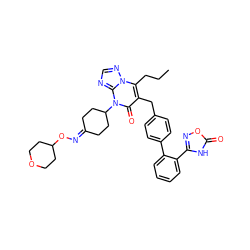 CCCc1c(Cc2ccc(-c3ccccc3-c3noc(=O)[nH]3)cc2)c(=O)n(C2CCC(=NOC3CCOCC3)CC2)c2ncnn12 ZINC000096178293