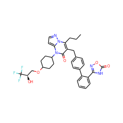 CCCc1c(Cc2ccc(-c3ccccc3-c3noc(=O)[nH]3)cc2)c(=O)n(C2CCC(OC[C@@H](O)C(F)(F)F)CC2)c2ccnn12 ZINC000096178381