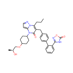 CCCc1c(Cc2ccc(-c3ccccc3-c3noc(=O)[nH]3)cc2)c(=O)n(C2CCC(OC[C@H](C)O)CC2)c2ccnn12 ZINC000096178377