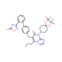 CCCc1c(Cc2ccc(-c3ccccc3-c3noc(=O)[nH]3)cc2)c(=O)n(C2CCC3(CC2)OC(C)(C)C(C)(C)O3)c2ncnn12 ZINC000096178283