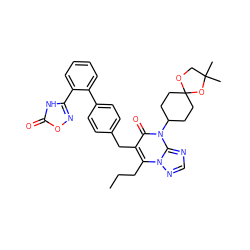 CCCc1c(Cc2ccc(-c3ccccc3-c3noc(=O)[nH]3)cc2)c(=O)n(C2CCC3(CC2)OCC(C)(C)O3)c2ncnn12 ZINC000096178282