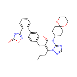 CCCc1c(Cc2ccc(-c3ccccc3-c3noc(=O)[nH]3)cc2)c(=O)n(C2CCC3(CC2)OCCCO3)c2ncnn12 ZINC000096178321