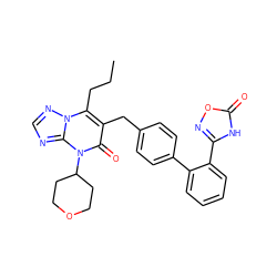 CCCc1c(Cc2ccc(-c3ccccc3-c3noc(=O)[nH]3)cc2)c(=O)n(C2CCOCC2)c2ncnn12 ZINC000096178238