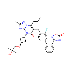 CCCc1c(Cc2ccc(-c3ccccc3-c3noc(=O)[nH]3)cc2F)c(=O)n([C@H]2C[C@H](OCC(C)(C)O)C2)c2nc(C)nn12 ZINC000100638758