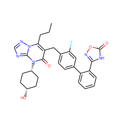 CCCc1c(Cc2ccc(-c3ccccc3-c3noc(=O)[nH]3)cc2F)c(=O)n([C@H]2CC[C@@H](O)CC2)c2ncnn12 ZINC000100638594