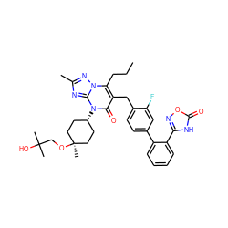 CCCc1c(Cc2ccc(-c3ccccc3-c3noc(=O)[nH]3)cc2F)c(=O)n([C@H]2CC[C@](C)(OCC(C)(C)O)CC2)c2nc(C)nn12 ZINC000261147777