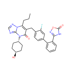 CCCc1c(Cc2ccc(-c3ccccc3-c3noc(=O)[nH]3)cc2F)c(=O)n([C@H]2CC[C@H](O)CC2)c2ncnn12 ZINC000100638596