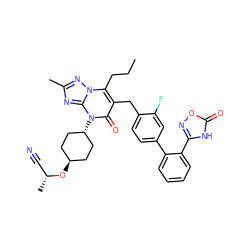 CCCc1c(Cc2ccc(-c3ccccc3-c3noc(=O)[nH]3)cc2F)c(=O)n([C@H]2CC[C@H](O[C@H](C)C#N)CC2)c2nc(C)nn12 ZINC000261126925