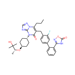 CCCc1c(Cc2ccc(-c3ccccc3-c3noc(=O)[nH]3)cc2F)c(=O)n([C@H]2CC[C@H](O[C@H](C)C(C)(C)O)CC2)c2ncnn12 ZINC000261176976