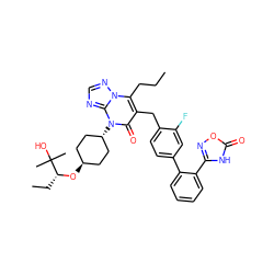 CCCc1c(Cc2ccc(-c3ccccc3-c3noc(=O)[nH]3)cc2F)c(=O)n([C@H]2CC[C@H](O[C@H](CC)C(C)(C)O)CC2)c2ncnn12 ZINC000261130704