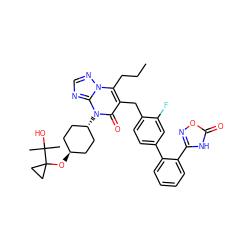 CCCc1c(Cc2ccc(-c3ccccc3-c3noc(=O)[nH]3)cc2F)c(=O)n([C@H]2CC[C@H](OC3(C(C)(C)O)CC3)CC2)c2ncnn12 ZINC000261185782