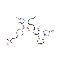 CCCc1c(Cc2ccc(-c3ccccc3-c3noc(=O)[nH]3)cc2F)c(=O)n([C@H]2CC[C@H](OCC(C)(C)O)CC2)c2nc(C)nn12 ZINC000261157574