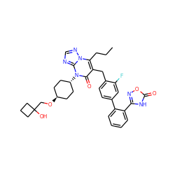 CCCc1c(Cc2ccc(-c3ccccc3-c3noc(=O)[nH]3)cc2F)c(=O)n([C@H]2CC[C@H](OCC3(O)CCC3)CC2)c2ncnn12 ZINC000261102885