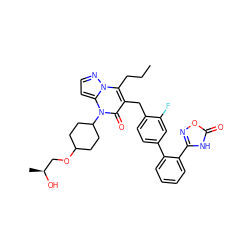 CCCc1c(Cc2ccc(-c3ccccc3-c3noc(=O)[nH]3)cc2F)c(=O)n(C2CCC(OC[C@H](C)O)CC2)c2ccnn12 ZINC000096178387