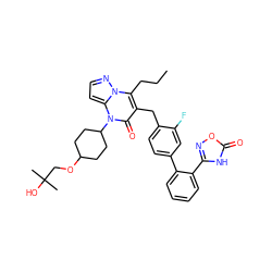 CCCc1c(Cc2ccc(-c3ccccc3-c3noc(=O)[nH]3)cc2F)c(=O)n(C2CCC(OCC(C)(C)O)CC2)c2ccnn12 ZINC000096178384