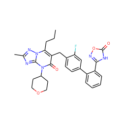 CCCc1c(Cc2ccc(-c3ccccc3-c3noc(=O)[nH]3)cc2F)c(=O)n(C2CCOCC2)c2nc(C)nn12 ZINC000096178237