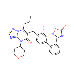 CCCc1c(Cc2ccc(-c3ccccc3-c3noc(=O)[nH]3)cc2F)c(=O)n(C2CCOCC2)c2ncnn12 ZINC000096178242