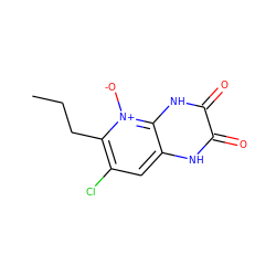 CCCc1c(Cl)cc2[nH]c(=O)c(=O)[nH]c2[n+]1[O-] ZINC000100850212