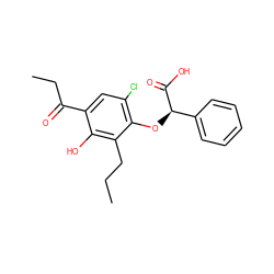 CCCc1c(O)c(C(=O)CC)cc(Cl)c1O[C@@H](C(=O)O)c1ccccc1 ZINC000013539289