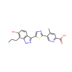 CCCc1c(O)ccc2c(-c3cnc(-c4cnc(C(=O)O)cc4C)s3)n[nH]c12 ZINC000653804920