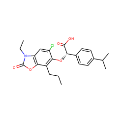 CCCc1c(O[C@H](C(=O)O)c2ccc(C(C)C)cc2)c(Cl)cc2c1oc(=O)n2CC ZINC000012358597