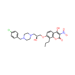 CCCc1c(OC[C@@H](O)CN2CCN(Cc3ccc(Cl)cc3)CC2)ccc2c(O)c([N+](=O)[O-])c(=O)oc12 ZINC000029232335