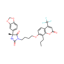 CCCc1c(OCCCCN2C(=O)N[C@](C)(c3ccc4c(c3)OCO4)C2=O)ccc2c(C(F)(F)F)cc(=O)oc12 ZINC000116616019