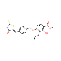 CCCc1c(OCc2ccc(/C=C3\SC(=S)NC3=O)cc2)ccc(C(=O)OC)c1O ZINC000026189957