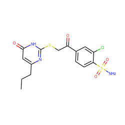 CCCc1cc(=O)[nH]c(SCC(=O)c2ccc(S(N)(=O)=O)c(Cl)c2)n1 ZINC000096940235