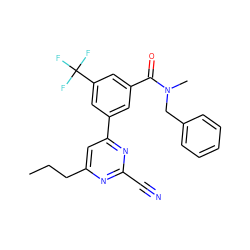 CCCc1cc(-c2cc(C(=O)N(C)Cc3ccccc3)cc(C(F)(F)F)c2)nc(C#N)n1 ZINC000064527698