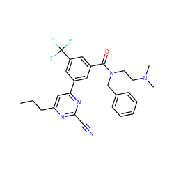 CCCc1cc(-c2cc(C(=O)N(CCN(C)C)Cc3ccccc3)cc(C(F)(F)F)c2)nc(C#N)n1 ZINC000058660795