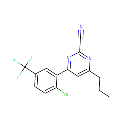 CCCc1cc(-c2cc(C(F)(F)F)ccc2Cl)nc(C#N)n1 ZINC000058520074