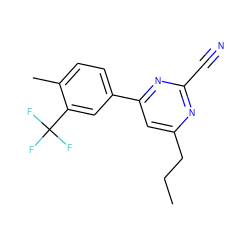 CCCc1cc(-c2ccc(C)c(C(F)(F)F)c2)nc(C#N)n1 ZINC000058602678