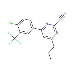 CCCc1cc(-c2ccc(Cl)c(C(F)(F)F)c2)nc(C#N)n1 ZINC000049112368