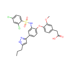 CCCc1cc(-c2ccc(Oc3ccc(CC(=O)O)cc3OC)c(NS(=O)(=O)c3ccc(Cl)cc3Cl)c2)n[nH]1 ZINC000082152039