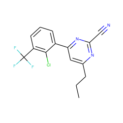 CCCc1cc(-c2cccc(C(F)(F)F)c2Cl)nc(C#N)n1 ZINC000049017000