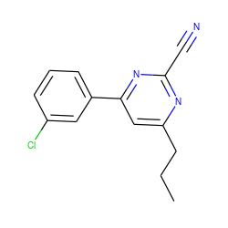 CCCc1cc(-c2cccc(Cl)c2)nc(C#N)n1 ZINC000058581788