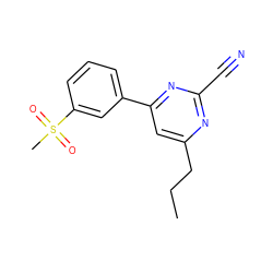 CCCc1cc(-c2cccc(S(C)(=O)=O)c2)nc(C#N)n1 ZINC000049037034