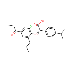 CCCc1cc(C(=O)CC)cc(Cl)c1O[C@H](C(=O)O)c1ccc(C(C)C)cc1 ZINC000012358582