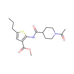 CCCc1cc(C(=O)OC)c(NC(=O)C2CCN(C(C)=O)CC2)s1 ZINC000006741456