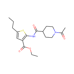 CCCc1cc(C(=O)OCC)c(NC(=O)C2CCN(C(C)=O)CC2)s1 ZINC000006741908