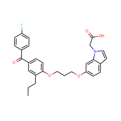 CCCc1cc(C(=O)c2ccc(F)cc2)ccc1OCCCOc1ccc2ccn(CC(=O)O)c2c1 ZINC000013681507